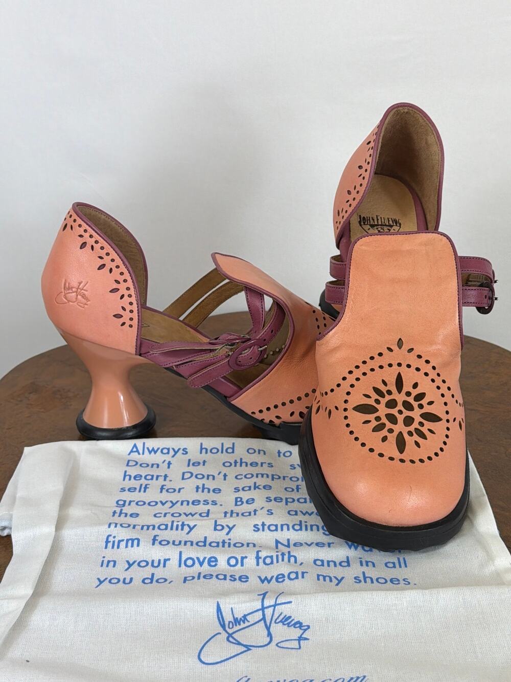 John Fluevog Peach & Berry Cut-Out Buckled Heels Size 10